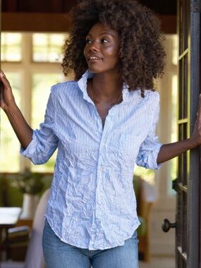 Frank & Eileen BARRY Blue Striped Tailored Crinkled Button-Up Shirt size L